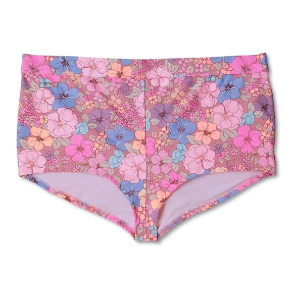 Wild Fable 1X 17/18 Purple Floral Print High Waist Cheeky Boy Shorts Swim Bottom - Picture 2 of 7